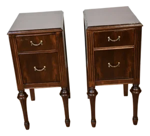 1930s Pair of French Style Dark Mahogany Nightstands / Bedside Tables