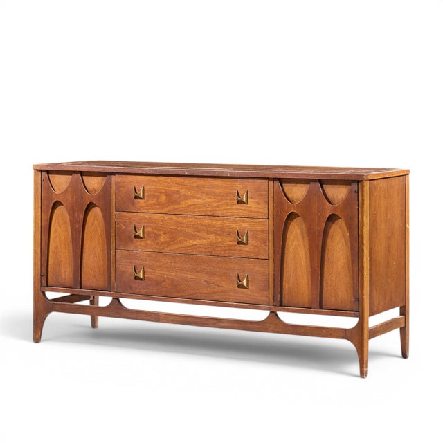 Broyhill Brasilia Broyhill Brasilia Mid Century Walnut and Brass Credenza and Hutch For Sale - Image 4 of 11