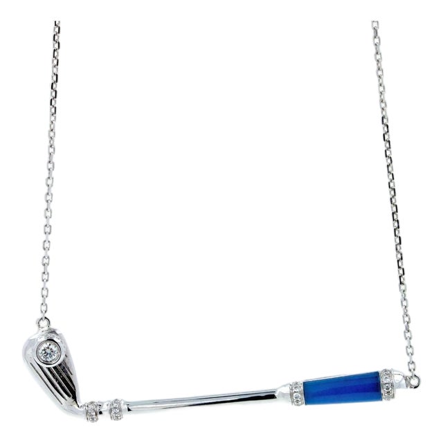 Diamond Blue Agate Golf Club Birdie Jewelry 18 Karat White Gold Charm Pendant For Sale