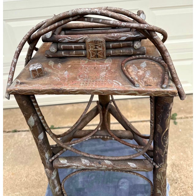 Wood Antique 19th Century Adirondack Bentwood Twig Table With Tramp Art Log Cabin Box. For Sale - Image 7 of 11