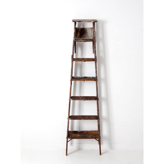 French Country Vintage Wooden Painter's Ladder 6.5 Ft For Sale - Image 3 of 12