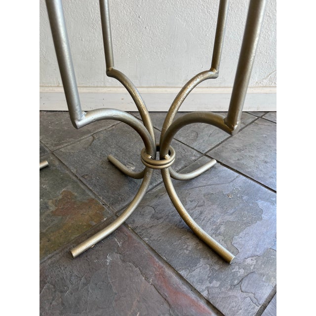 Pair of Mexican Aqua Blown Glass Vessels on Decorative Tole Metal Plant Stands For Sale - Image 9 of 10