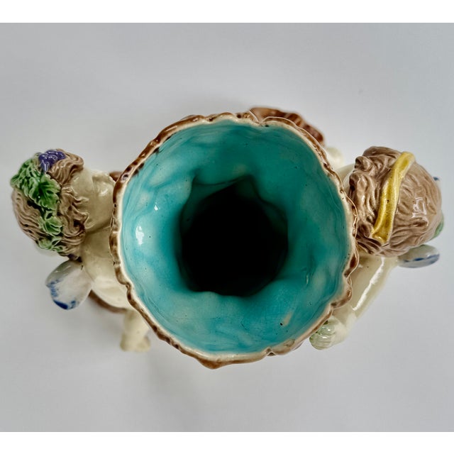 English Majolica Putti Spill Vase, Faux Bois, 19th Century For Sale - Image 9 of 14
