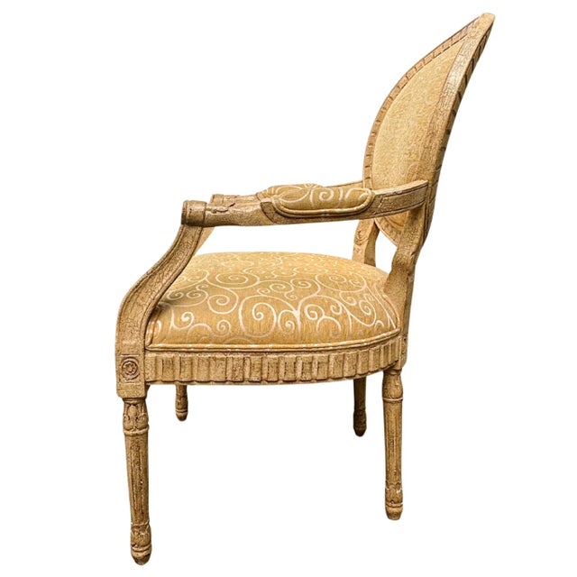 Wood French Louis XVI Medallion Back Armchair With Crème-Peinte Distressed Finish For Sale - Image 7 of 18