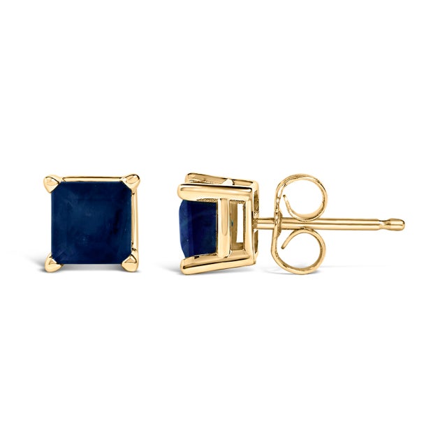 Contemporary 14K Yellow Gold 5x5MM Princess Cut Blue Sapphire Solitaire Stud Earrings For Sale - Image 3 of 5