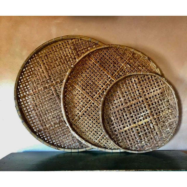 Large Vintage Woven Rattan Wicker Flat Basket Wall Hanging Set Of 3 Chairish