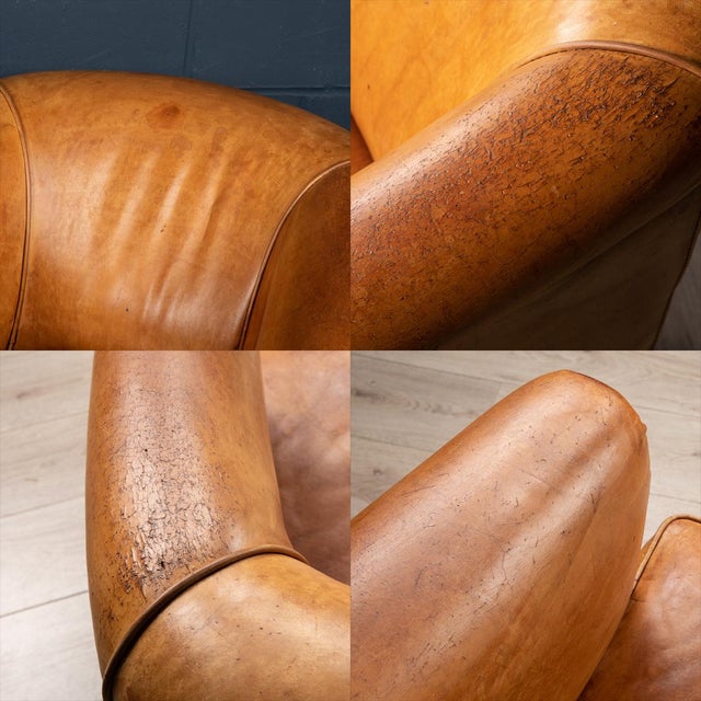 Set of 20th Century Dutch Sheepskin Leather Tub Chair & Footstool For Sale - Image 11 of 13