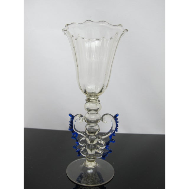 Early 20th Century Venetian Hand Blown Art Glass Decorative Tipetto Wine Goblet With Blue Wings For Sale - Image 5 of 8