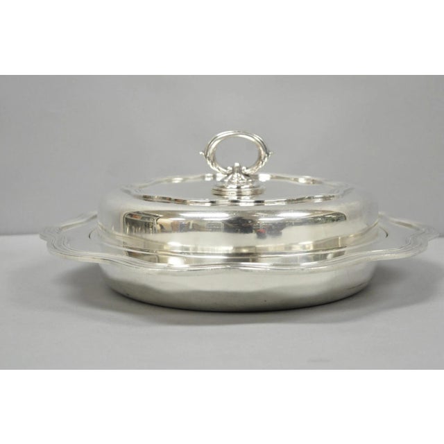Victorian Vintage Sheffield Round Scalloped Silver Plated Covered Divided Serving Dish For Sale - Image 3 of 16