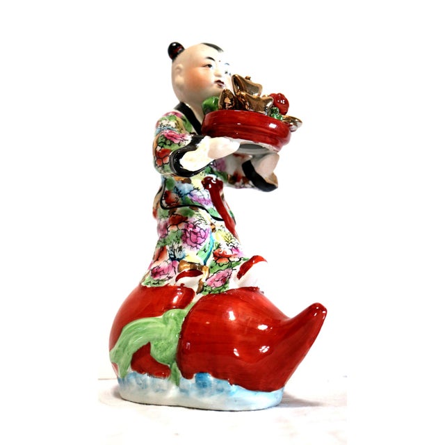 1940s Hand Painted Porcelain Chinese Figuirines on Gourds Bearing Gifts - a Pair For Sale - Image 4 of 12