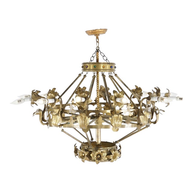 Antique French Fleur-de-Lis Design Brass & Jeweled Twelve-Light Chandelier 1930 For Sale