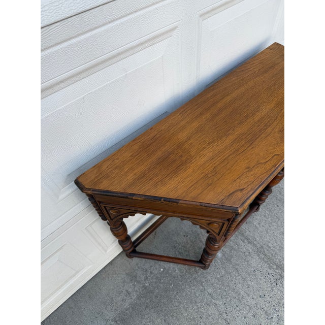 Wood Antique Berkey & Gay Jacobean Revival Carved Walnut Console Table, Gimbel Brothers New York For Sale - Image 7 of 12