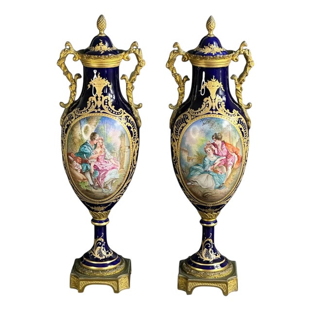 Antique French Porcelain Vases with Gilt Bronze Mounts from Sèvres, 19th Century, Set of 2 For Sale