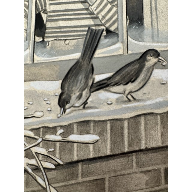 American Original. Signed Graphite Illustration of Children Watching Birds at a Snowy Window, 10.5 × 8 In. For Sale - Image 3 of 5