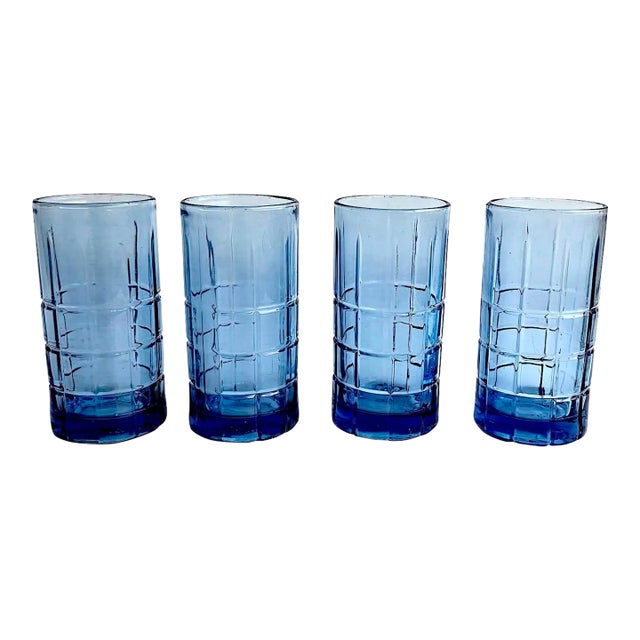 Vintage Anchor Hocking Flat Iced Tea Glasses in Tartan Blueberry, Set of 4 For Sale
