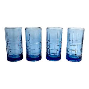Vintage Anchor Hocking Flat Iced Tea Glasses in Tartan Blueberry, Set of 4