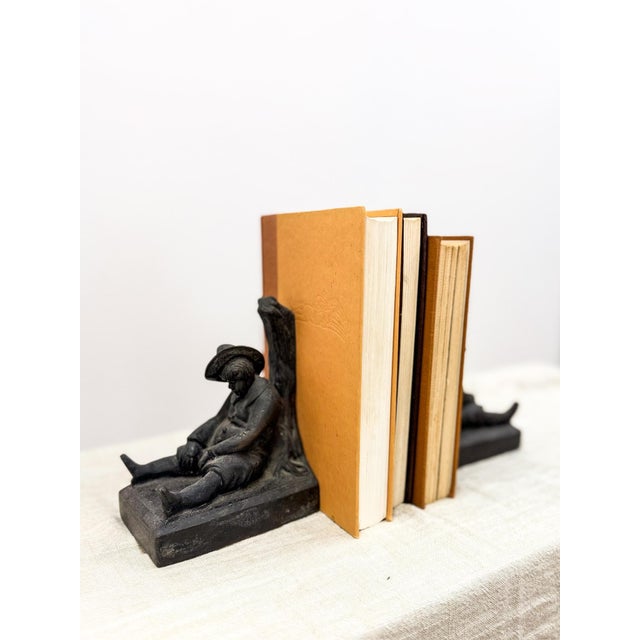 Late 20th Century Vintage Cast Metal Bookends of Sleeping Man Figurine Decor For Sale - Image 5 of 5