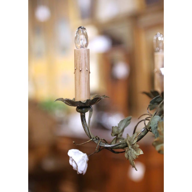 Early 20th Century Early 20th Century French Floral Six-Light Metal Chandelier With Porcelain Bird For Sale - Image 5 of 8
