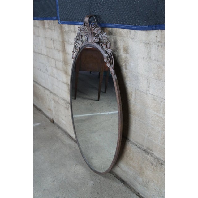French Iron Oval Beveled Mirror With Floral Crown Embellishments For Sale - Image 6 of 9