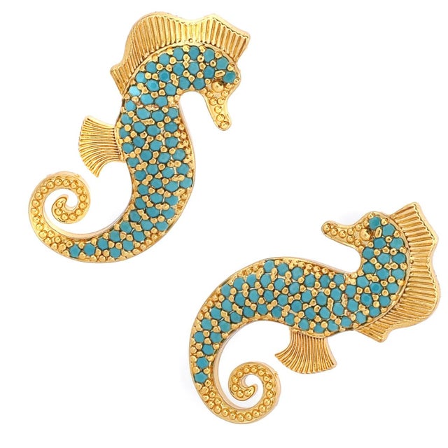 Modern Majestic Seahorse Gold & Turquoise Statement Studs, A Pair For Sale - Image 3 of 6