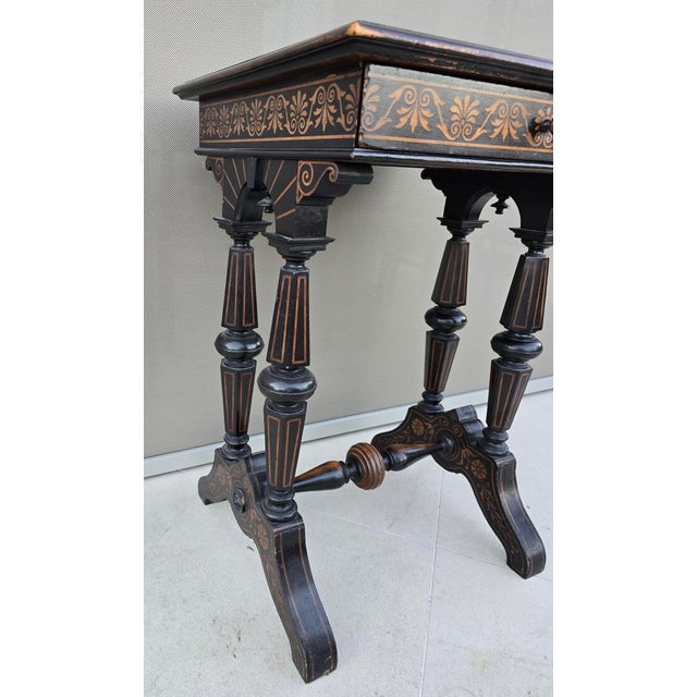 Wood Antique Neo-Renaissance Italian Ebonized Marquetry Worktable with Leopard Motif, 1880s For Sale - Image 7 of 17