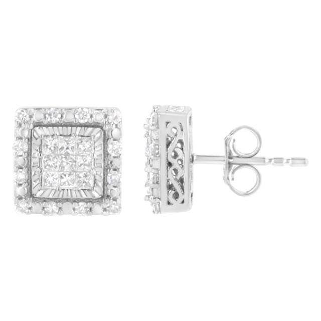 Contemporary 10K White Gold 1/2 cttw Invisible Set Princess-Cut Diamond Square Stud Earring (I-J Color, I1-I2 Clarity) For Sale - Image 3 of 6