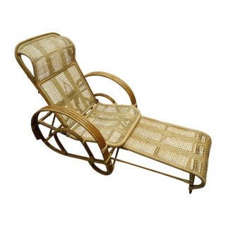 Art Deco Wicker Bamboo Reclining Chair and Ottoman For Sale