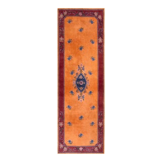1920s Orange Medallion Traditional Antique Chinese Art Deco Hand Knotted Rug 4 X 10' Wool Carpet For Sale