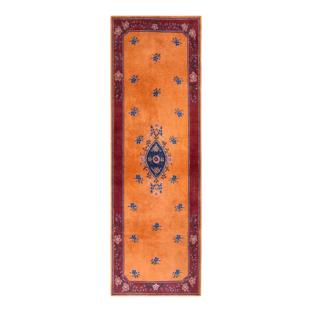 1920s Orange Medallion Traditional Antique Chinese Art Deco Hand Knotted Rug 4 X 10' Wool Carpet For Sale
