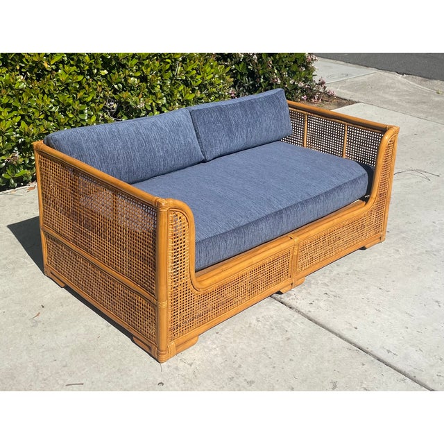 1970s Vintage Rattan Sofa & Lounge Chairs, New Perennials Upholstery For Sale - Image 5 of 9