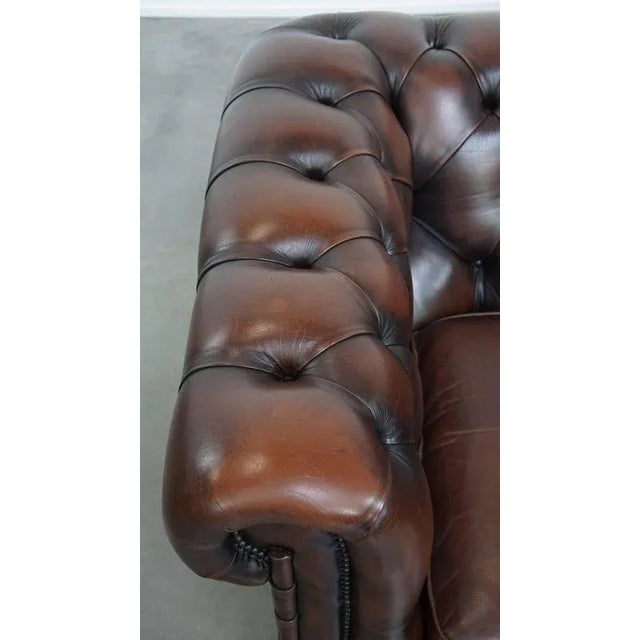 Animal Skin English Chesterfield Armchair in Dark Brown Cowhide with Decorative Studs For Sale - Image 7 of 16