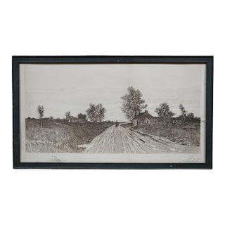 Antique Edward Loyal Field Signed Country Road Thatched Cottage Etching 23" For Sale