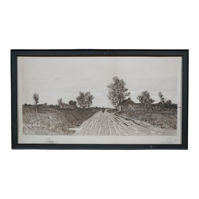 Antique Edward Loyal Field Signed Country Road Thatched Cottage Etching 23" For Sale