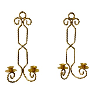 1970s Vintage French Hollywood Regency Twisted Rope Candle Holder Sconces, 2 Arm - A Pair For Sale