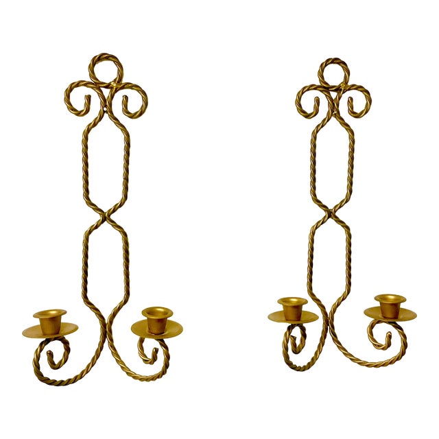 1970s Vintage French Hollywood Regency Twisted Rope Candle Holder Sconces, 2 Arm - A Pair For Sale