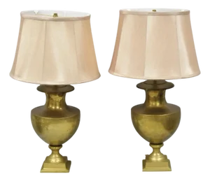 Vintage Hollywood Regency Patinated Brass Jardiniere Urn Table Lamps - A Pair