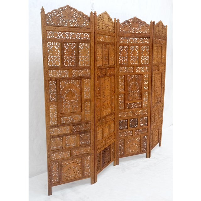 Fine Asian Carved Teak 4 Panels Screen Room Divider Mint! For Sale - Image 6 of 11