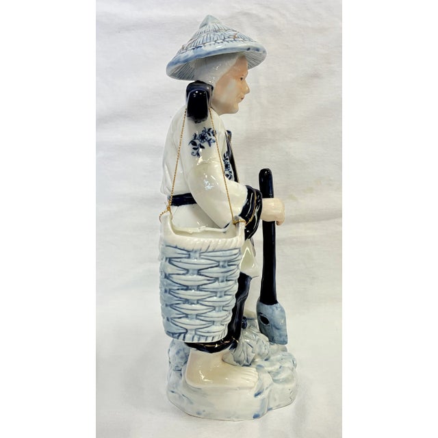 Mid 20th Century Vintage Blue and White Porcelain Asian Figurine Carrying Baskets For Sale - Image 5 of 13