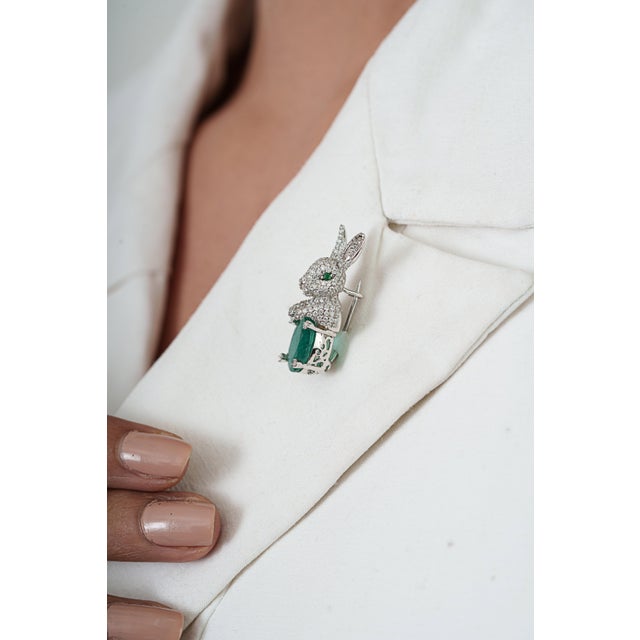 Not Yet Made - Made To Order Bunny Brooch Pin With 3.08ct Emerald & 1.11ct Pave Diamonds in 14k White Gold For Sale - Image 5 of 13