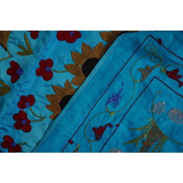 Blue Uzbek Suzani Wall Hanging – Folk Animal Scene Embroidered Textile Art 3'4'' X 6'2'' For Sale - Image 12 of 14