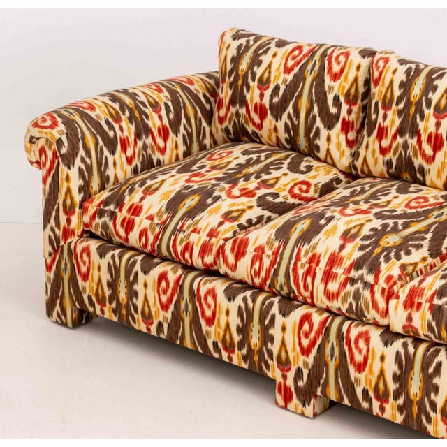 Tan Modern Ikat Fabric Upholstered Three-Seat Sofa For Sale - Image 8 of 10