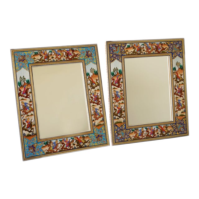 Hand-Painted Polo Scene Mirror – Turquoise Miniature Artwork Frame, 33.5 × 28 Cm | Pilardi For Sale