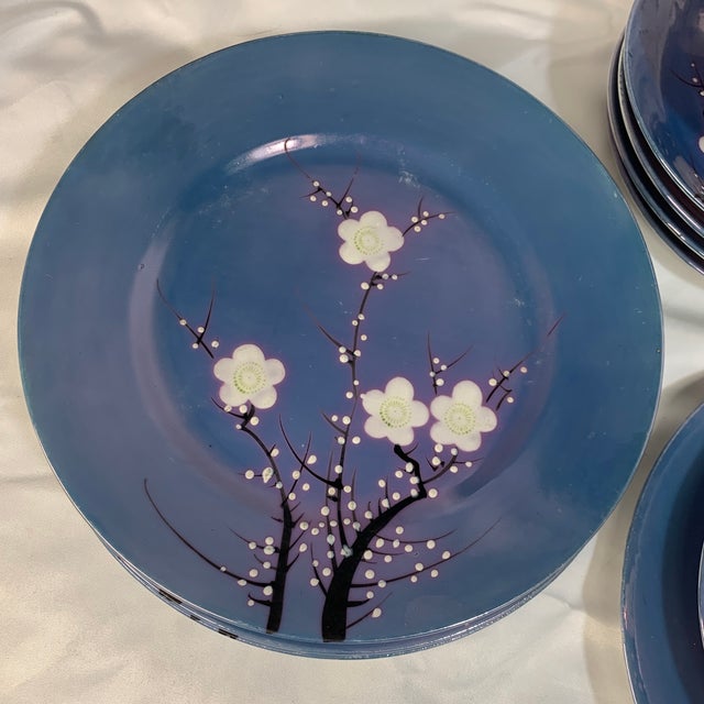 Antique 1920s Japanese Tea Setting Blue Lusterware Cherry Blossom Trees - 15 PCS For Sale - Image 4 of 9