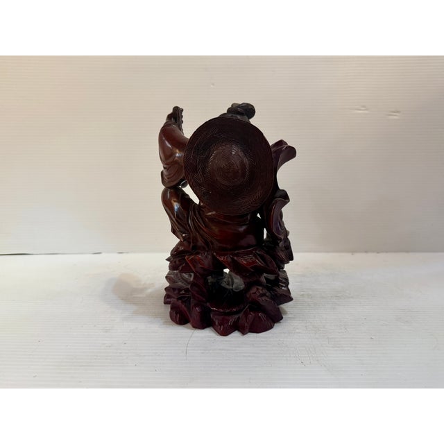 Early 20th Century Antique Chinese Wood Carved Fisherman Statue For Sale - Image 5 of 10
