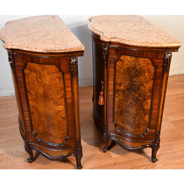 1890s Antique French Louis XV Burl Walnut Marble Top Pair of Cabinets Credenzas For Sale - Image 13 of 18