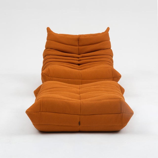 Textile Togo Lounge Chair and Pouf in Orange Tissue by Michel Ducaroy for Ligne Roset, 1973, Set of 2 For Sale - Image 7 of 18