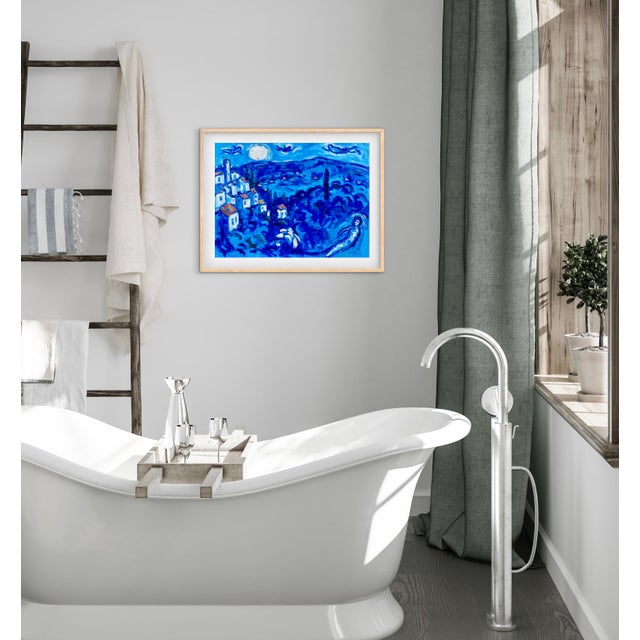 Blue Original Oil Moonscape Chagall Inspired For Sale - Image 8 of 9