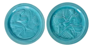 Pair of 1939 World's Fair Capital & Labor Turquoise Souvenir Ceramic Plates
