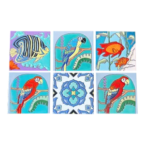 Vintage California Studio Pottery Tiles Depicting Fish, Parrots and 1920s Pattern, a Set of 6
