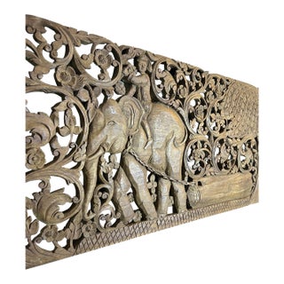 Hand-Carved Thai Teak Elephant & Rider Wall Panel With Floral Openwork, Large 36" For Sale